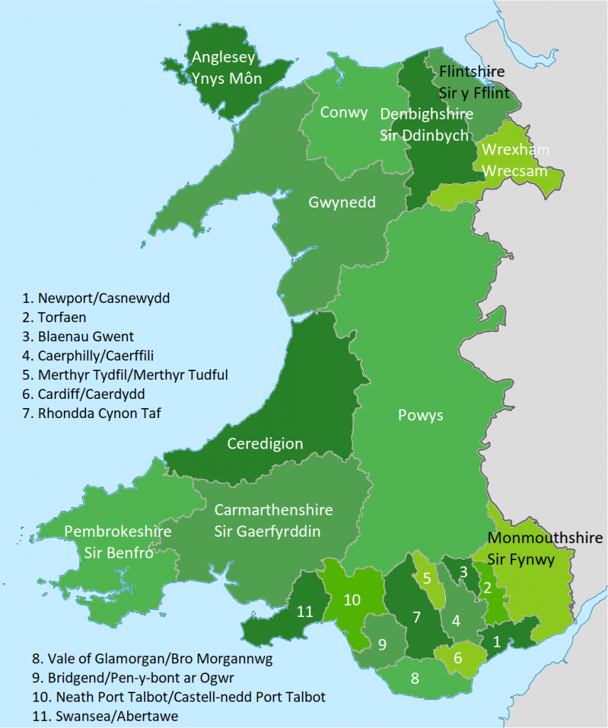 Map showing administrative counties of Wales.